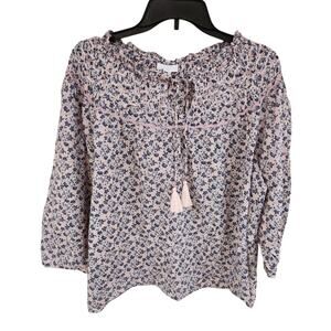 J Jill Top Blouse Sz 3X Cotton Embroidered Smocked 3/4 Sleeve Tassels Floral